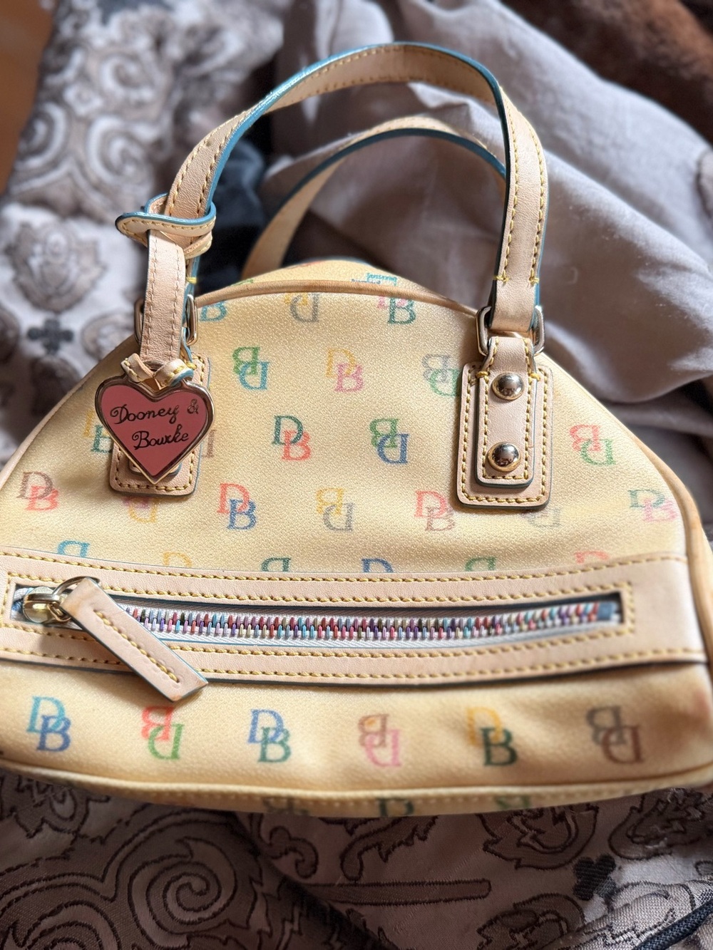 Vintage Y2K Dooney & Bourke beige/Yellow Satchel with Multicolor DB Print